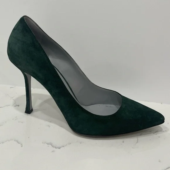 Sergio Rossi Dark Green Suede Pointed Toe Pumps Heels - Picture 6 of 16